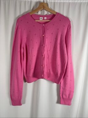 GAP Pink Eyelet Button-Front Crewneck Cardigan